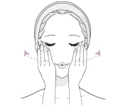 頬に手を添えている女性と手を頬の外側へ向かって移動させる矢印のイラスト